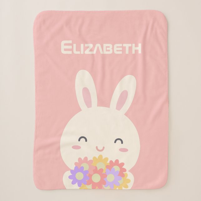 My Sweet Little Bunny and Flowers Pastel Pink Girl Sherpa Blanket (Front)