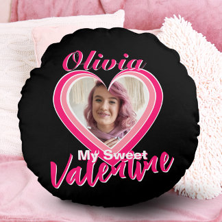 My Sweet Valentine Heart Photo Name Pink Black Round Pillow