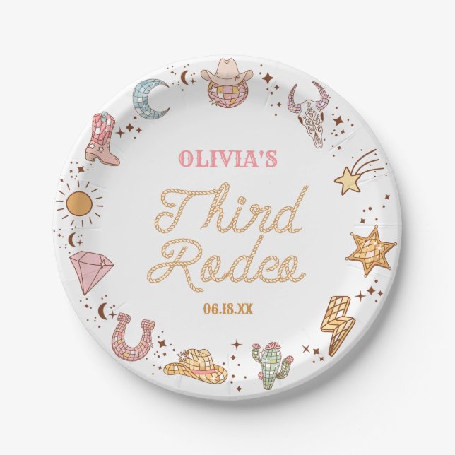 My Third Rodeo Disco Cowgirl 3rd Birthday Party Paper Plate (Front)