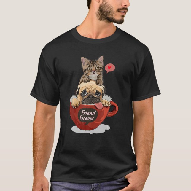 My Three Close Friends, Kitty, Pug Puppy And A Cup T-Shirt (Front)
