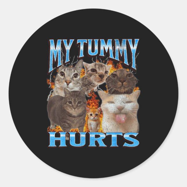 My Tummy Hurts Funny Cat Meme Bootleg Graphic  Classic Round Sticker (Front)
