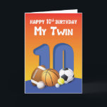 My Twin Brother 10th Birthday Sports Balls Card<br><div class="desc">Your best buddy twin brother and you are gonna be turning ten soon. A big number 10 stands tall on the front of this colourful card which is especially designed to bring happy 10th birthday greetings to your beloved twin.</div>