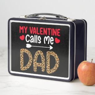 My Valentine Calls Me Dad Leopard Buffalo Plaid Metal Lunch Box