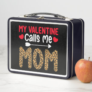 My Valentine Calls Me Mom Leopard Buffalo Plaid Metal Lunch Box