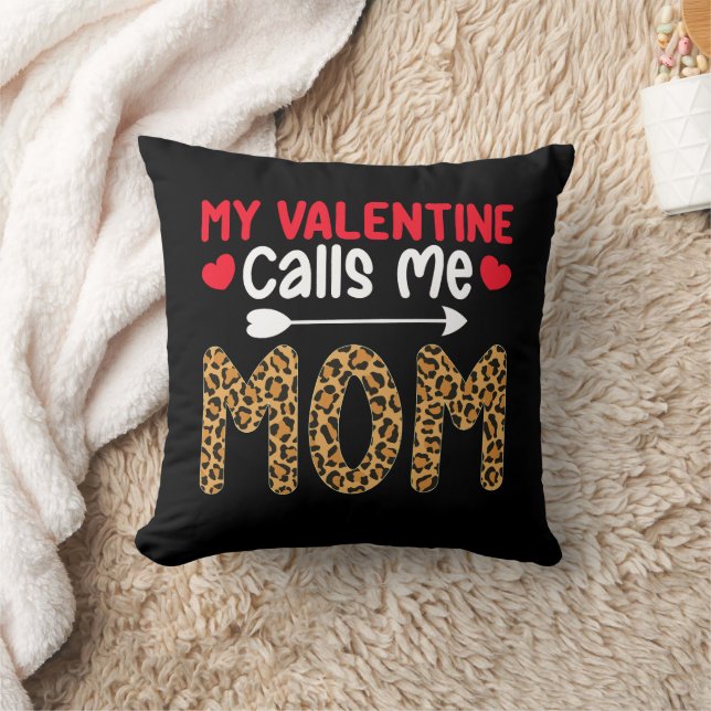 My Valentine Calls Me Mom Leopard Buffalo Plaid Throw Pillow (Blanket)