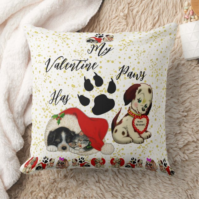 My Valentine Has Paws Charming Cute Pet Dog Lovers Throw Pillow (Blanket)