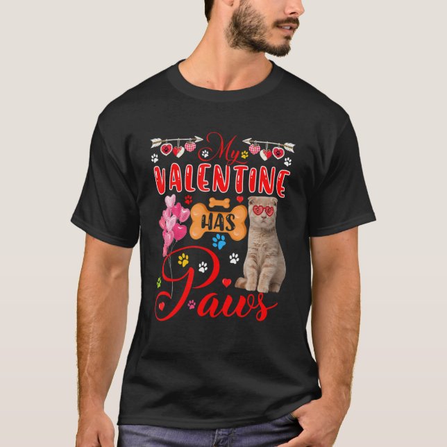 My Valentine Has Paws Scottish Fold Cat Sunglasses T-Shirt (Front)
