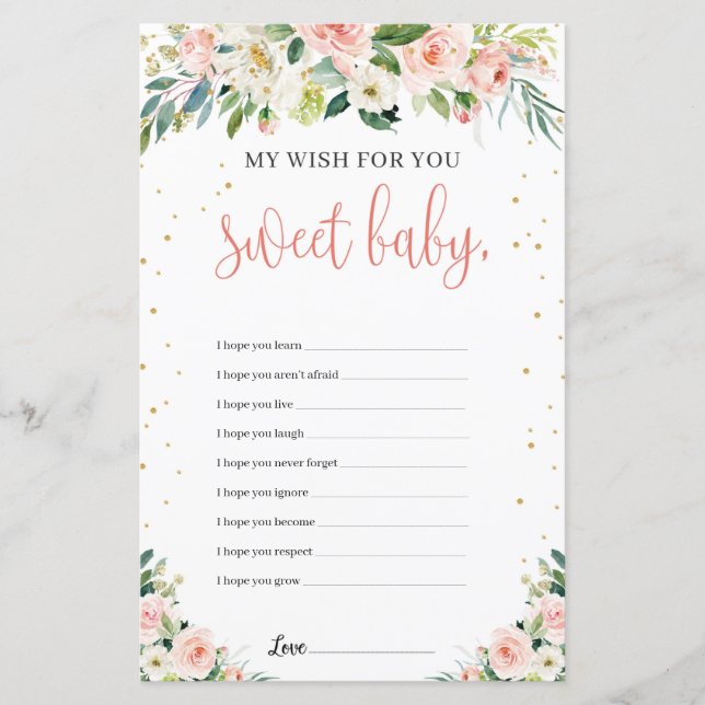 My wish for you baby shower game blush pink floral (Front)
