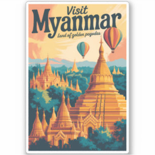 Myanmar Pagodas Illustration Travel Art Vintage