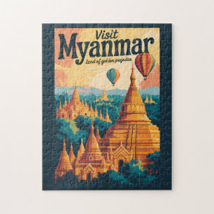 Myanmar Pagodas Illustration Travel Art Vintage Jigsaw Puzzle