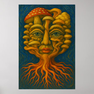 Mycelium Dreamscape - Surreal Mushroom Face Poster