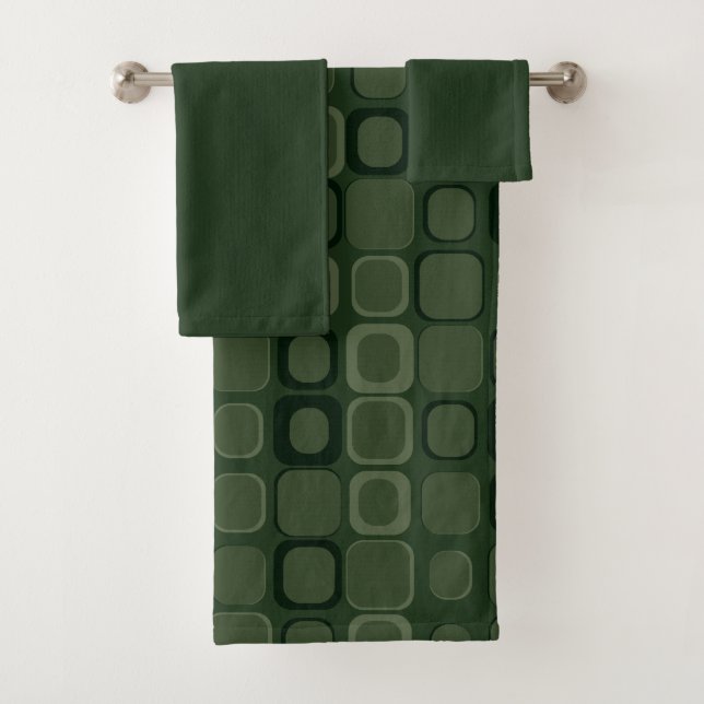 Mydeas | Dark Green Modest Retro Squares Bath Towel Set (Insitu)