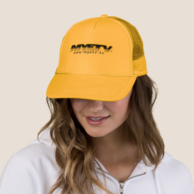 MYETV Gold Trucker Hat with logo (In Situ)