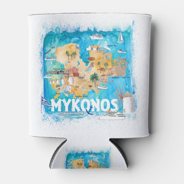 Mykonos Greece Illustrated Map with Landmarks Can Cooler (Front)