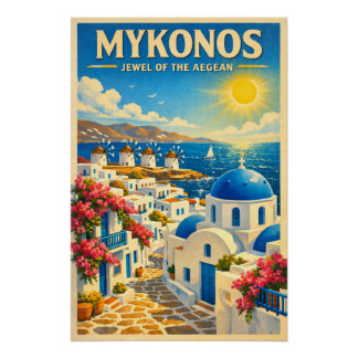 Mykonos, Greece, in a classic retro  Poster