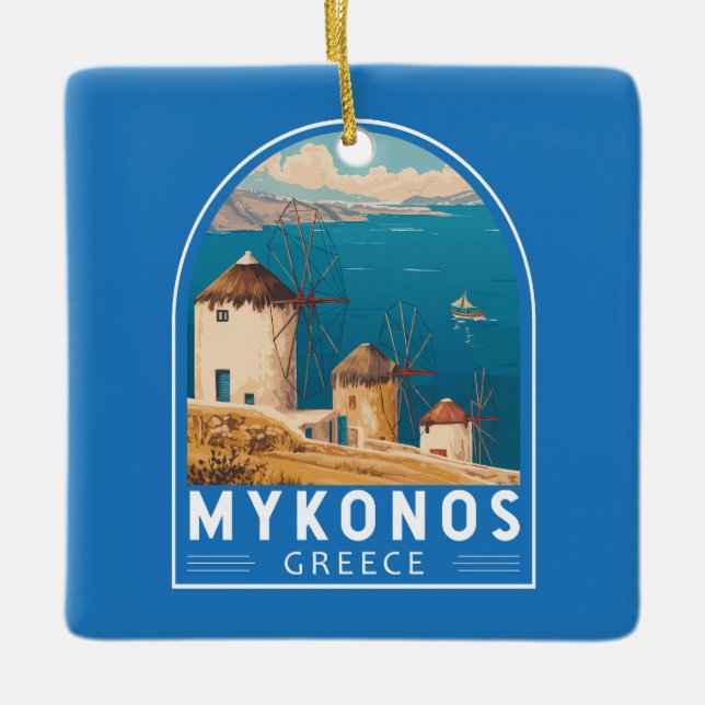 Mykonos Greece Travel Art Emblem Ceramic Ornament (Front)