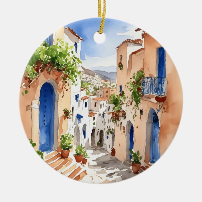 Mykonos Greece Watercolor Ceramic Ornament (Front)