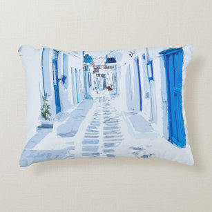 Mykonos Greece Watercolor Digital Painting Accent Pillow