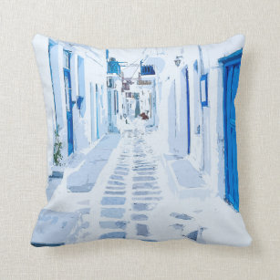 Mykonos Greece Watercolor Digital Painting Throw Pillow