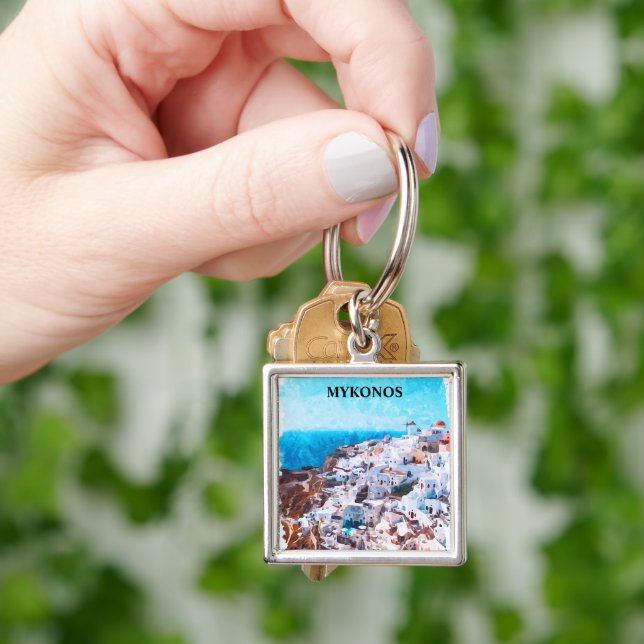 Mykonos Greece Watercolor Painting Keychain (Hand)