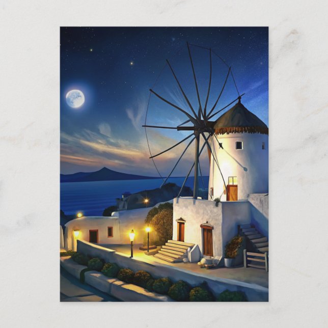 Mykonos, Greece Windmill Night Postcard (Front)