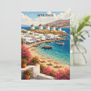 Mykonos Greece Windmills Retro Travel Illustration Card