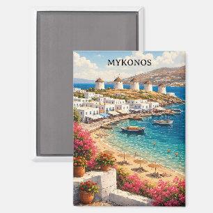 Mykonos Greece Windmills Retro Travel Illustration Magnet
