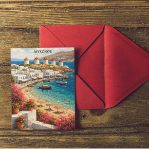 Mykonos Greece Windmills Retro Travel Illustration Postcard