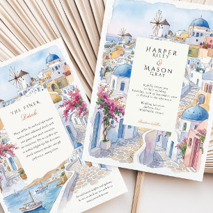 Mykonos Santorini Greece Watercolor Wedding Invitation