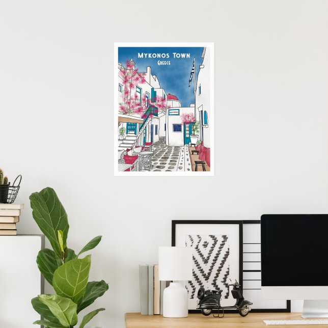 Mykonos Town Greece Travel Drawing  Poster (Home Office)