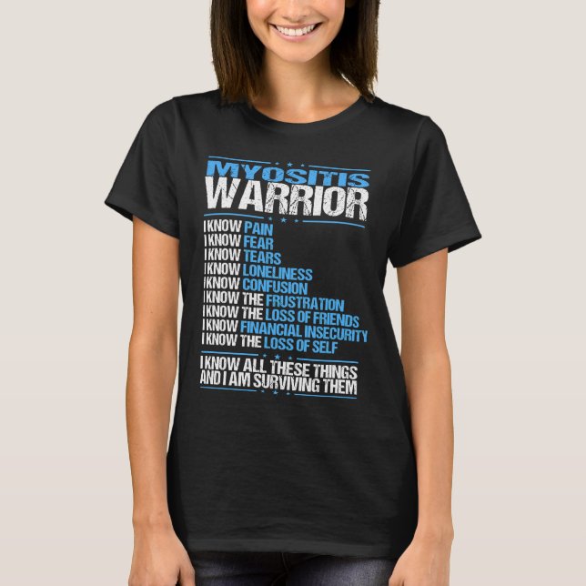 Myositis Awareness Warrior Survivor Blue Ribbon T-Shirt (Front)
