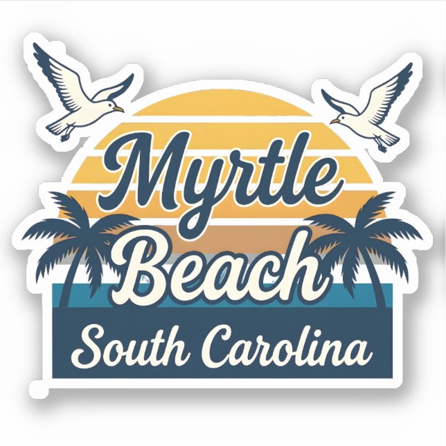 Myrtle Beach SC Retro Sunset Palm Trees Seagulls (Front)