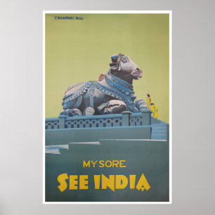 Mysore Poster India Travel Art Retro Sacred Bull