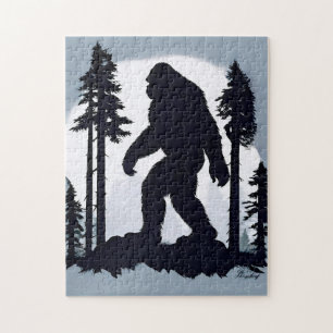 Mysterious Bigfoot Silhouette in Moonlight Forest Jigsaw Puzzle