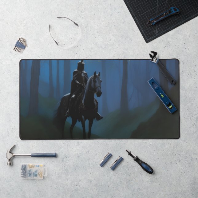 Mysterious Black Knight in the Moonlit Forest Desk Mat (Workstation)
