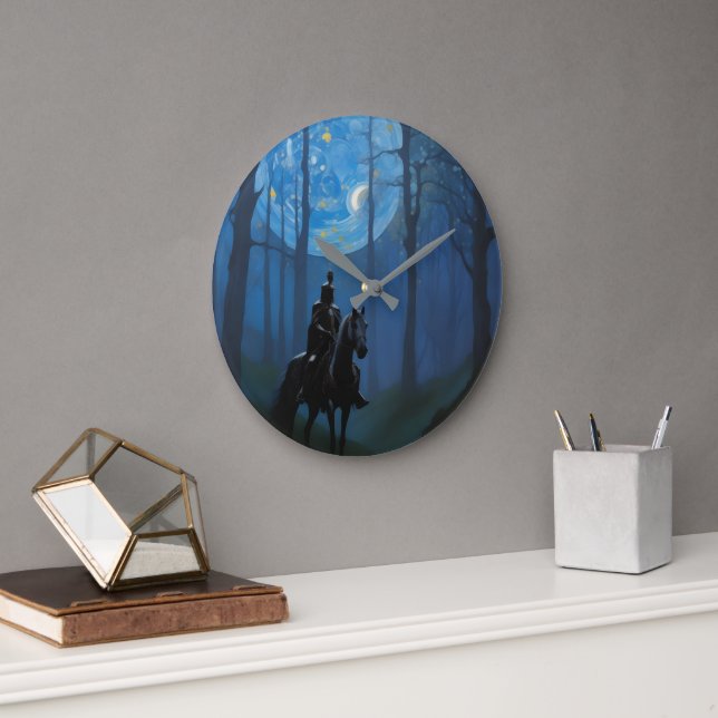 Mysterious Black Knight in the Moonlit Forest Large Clock (Office)
