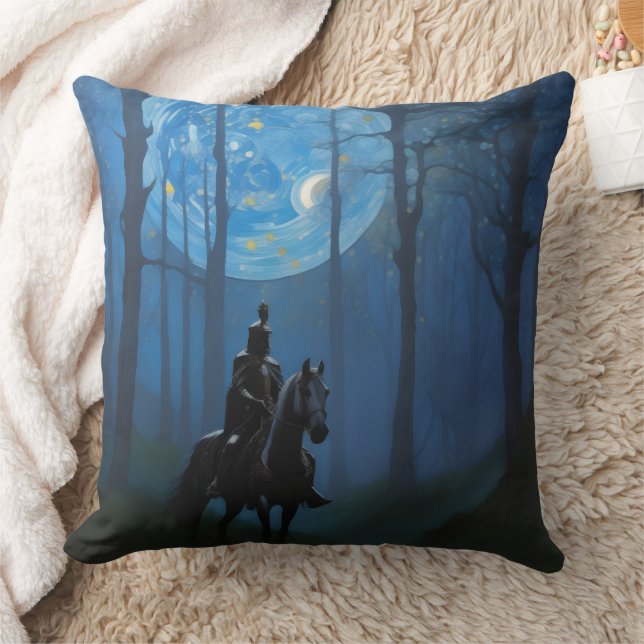 Mysterious Black Knight in the Moonlit Forest Throw Pillow (Blanket)