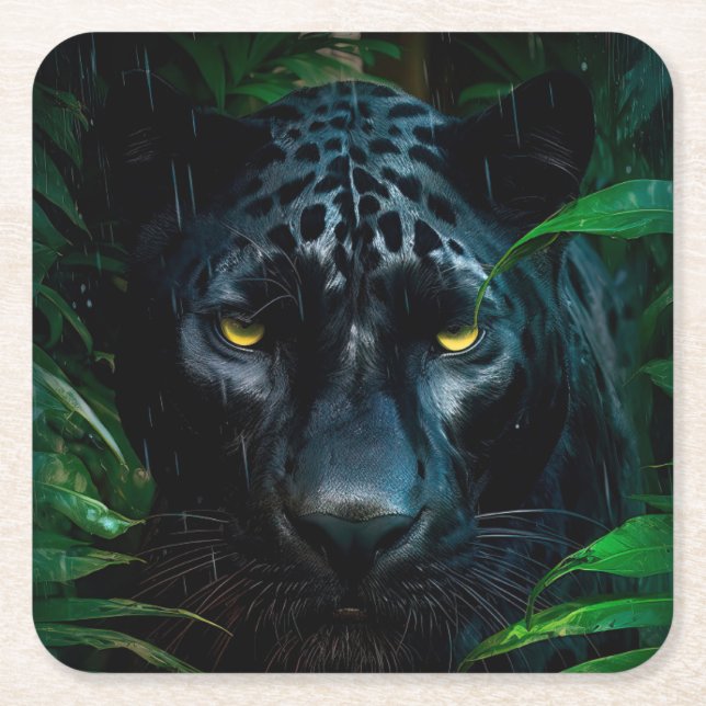 Mysterious Black Panther Jungle Wildlife Design Square Paper Coaster (Front)