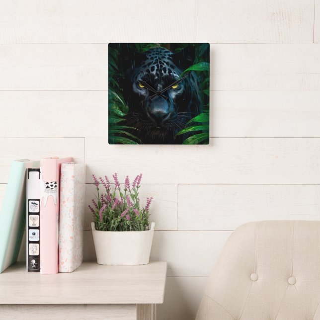 Mysterious Black Panther Jungle Wildlife Design Square Wall Clock (Reading Room)