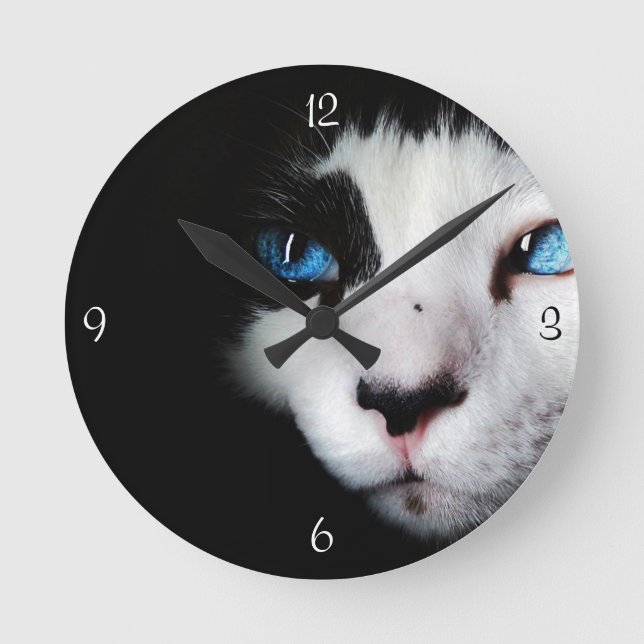 Mysterious Blue Eyed Tuxedo Cat Clock (Front)