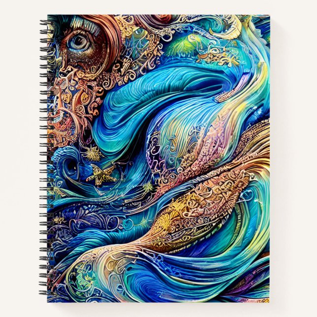 Mysterious Blue Waves Swirls Hidden Eye Abstract Notebook (Front)