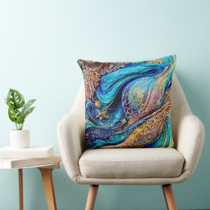 Mysterious Blue Waves Swirls Hidden Eye Abstract Throw Pillow