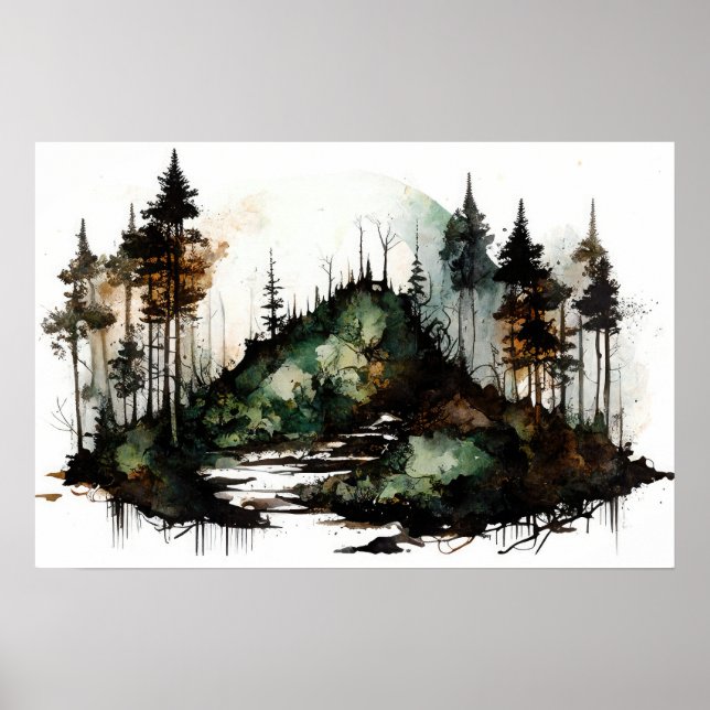 Mysterious Dark Forest Watercolor Poster (Front)