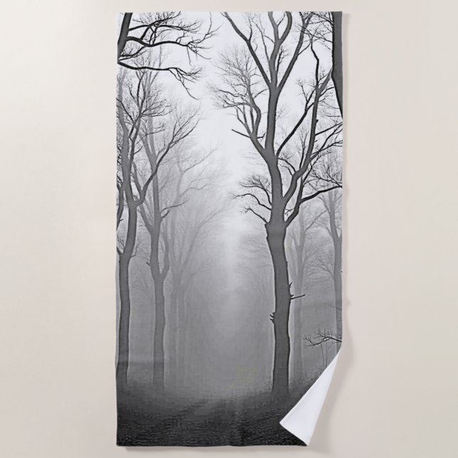 Mysterious Foggy Forest Path Beach Towel (Front)