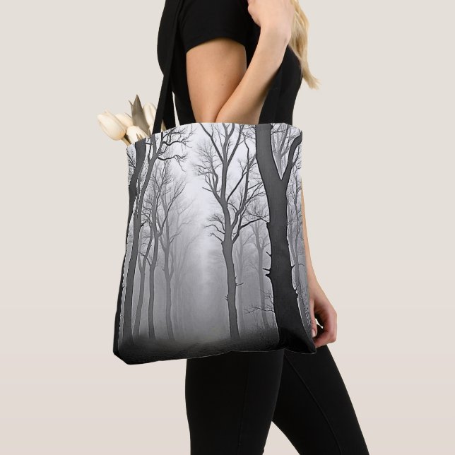 Mysterious Foggy Forest Path Tote Bag (Close Up)