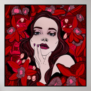 Mysterious girl surrounded by red flowersabstract, poster