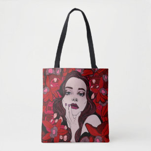 Mysterious girl surrounded by red flowersabstract, tote bag