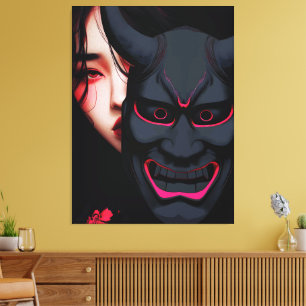 Mysterious Girl with Oni Mask Dark Japanese Horror Canvas Print