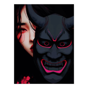 Mysterious Girl with Oni Mask Dark Japanese Horror Poster