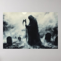 Mysterious Grim Reaper in a Foggy Graveyard
